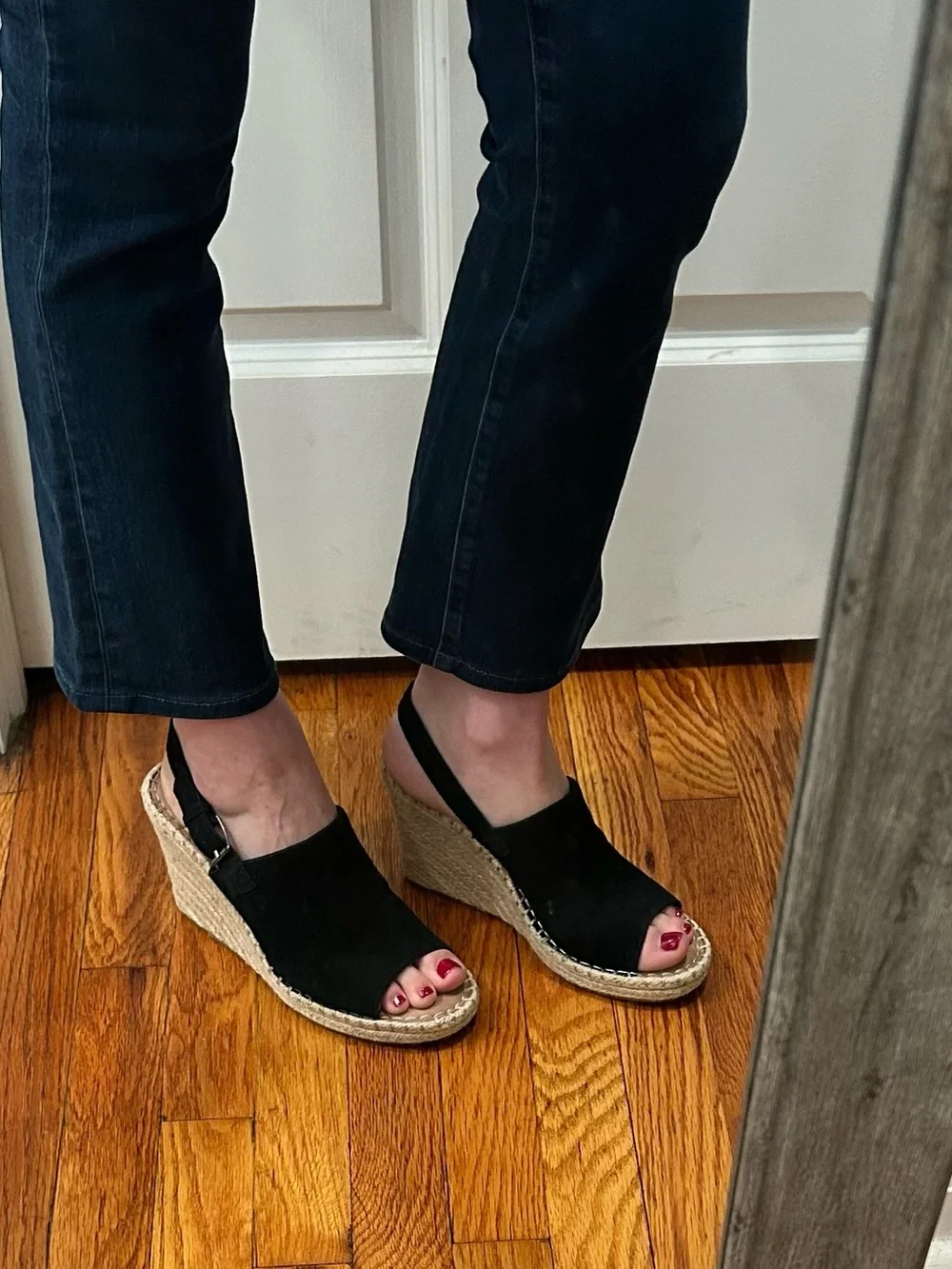 TOMS Monica Black Suede Leather Wedge Espadrille Sandals